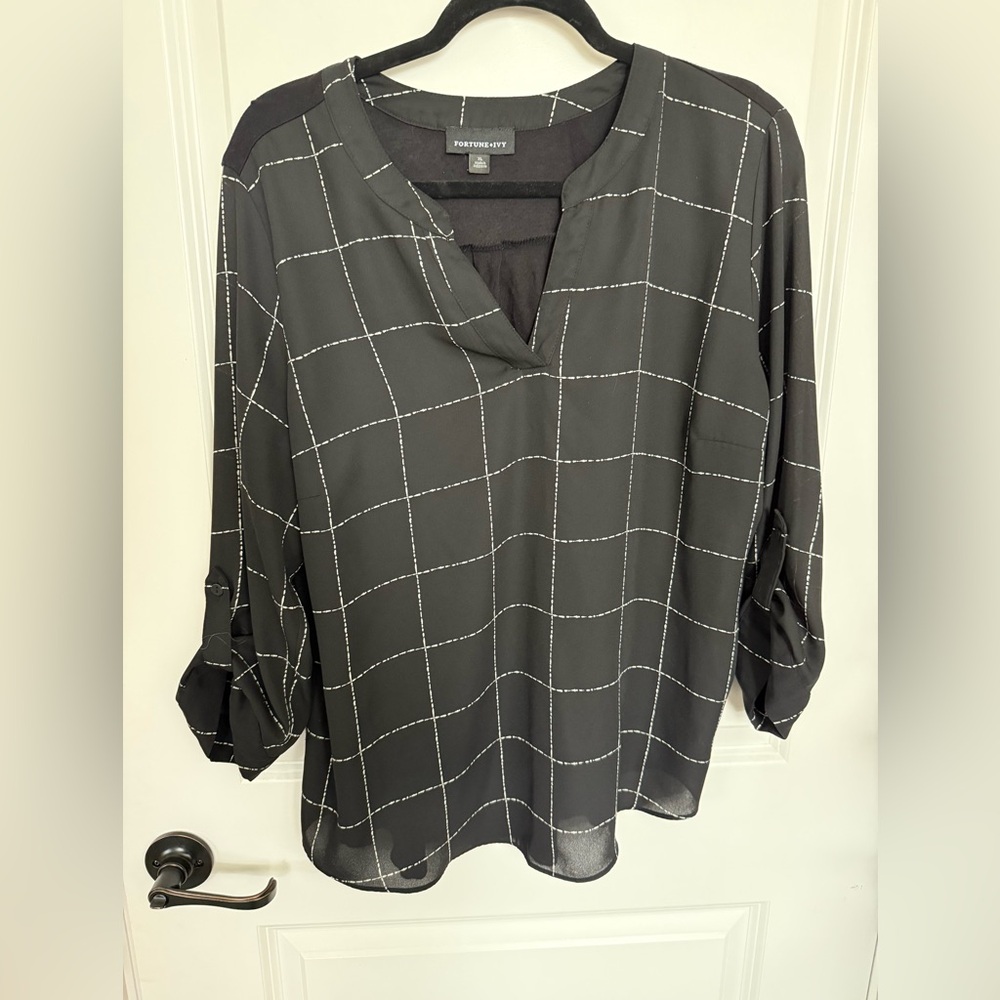 Fashion Cut Women's Black Blouse with White Grid Pattern